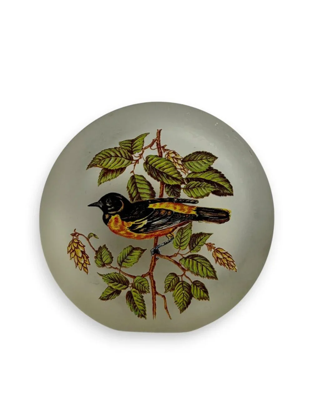 Art Glass Oriole Suncatcher Paperweight Bird Lovers Round Heavy Vintage 3.5